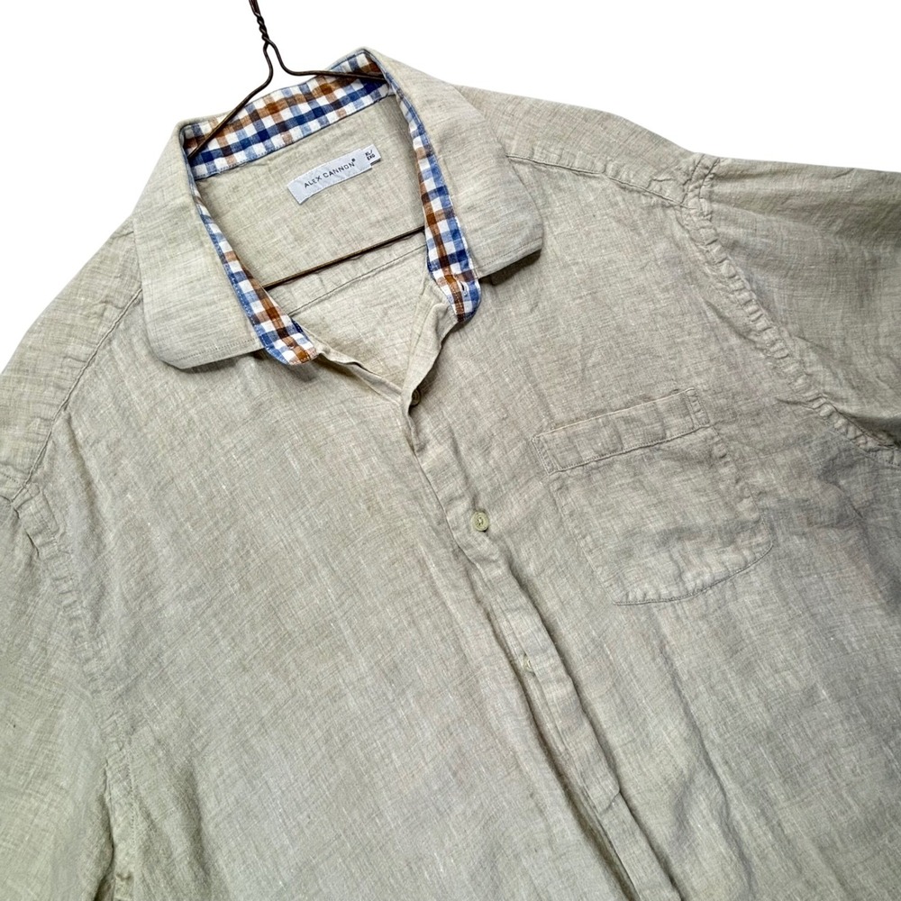 Alex Cannon Shirt Mens XL Beige 100% Linen Short Sleeve Button Down Plaid Trim